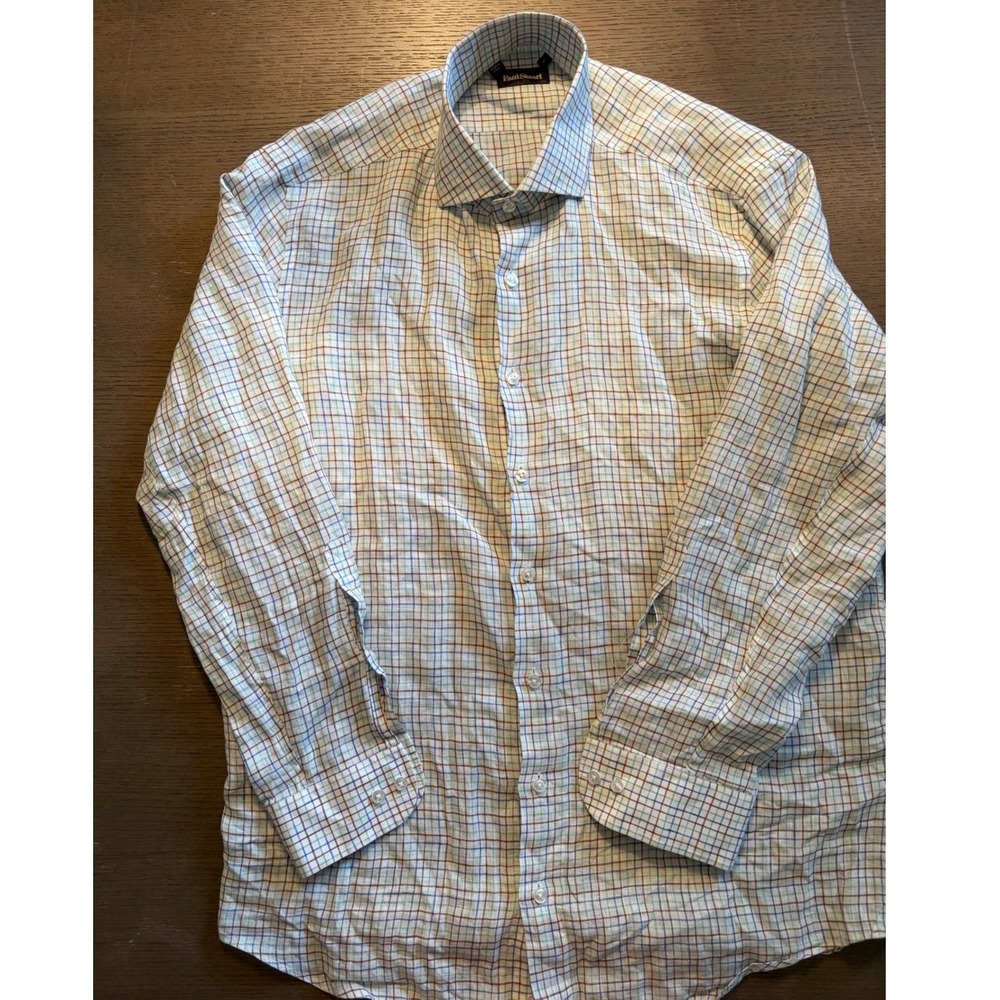 Paul Stuart Mens Linen Multi Color Check Shirt Made in Italy Large